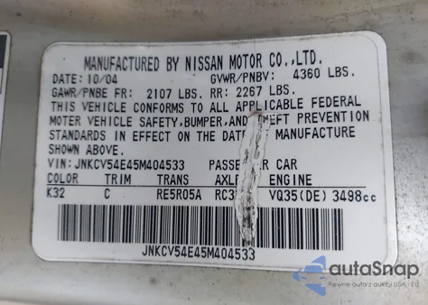 2005 Infiniti G35 from USA, damaged, VIN JNKCV54E45M404533